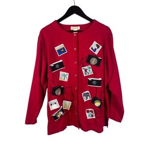 Bechamel Red Cardigan L Photo Camera Applique Embroidered Button Front Hong Kong